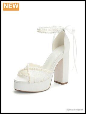 Lace Platform Heeled Sandals Pearl Embellished Open Toe Wedding Bridal Shoes